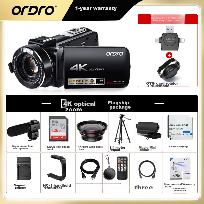 ORDRO AC7 4K HD Camera Professional Live Streaming Camera Digital DV Recorder, 10x Optical Zoom Vlog Short Video Home Travel Conference All-In Camera Recorder