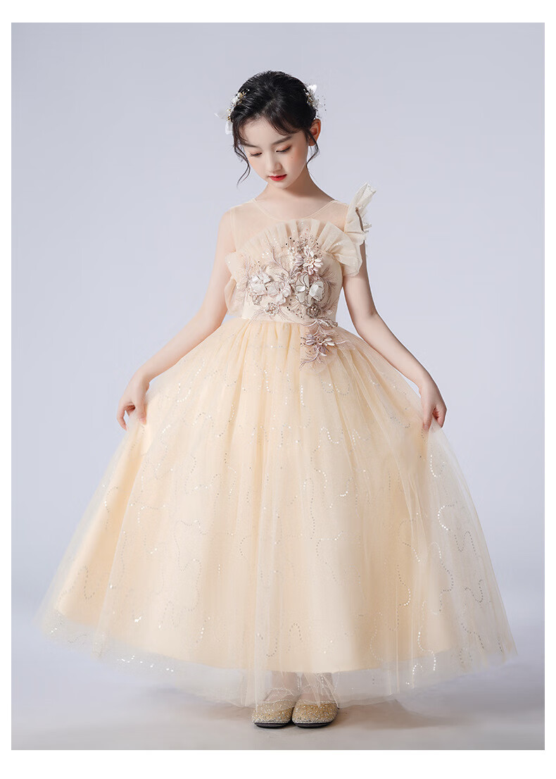 LUOBOBEIBEI Girls' Dress Princess Flower Girl Wedding Dress Piano New Year Dress Yellow Dress Size 130 18