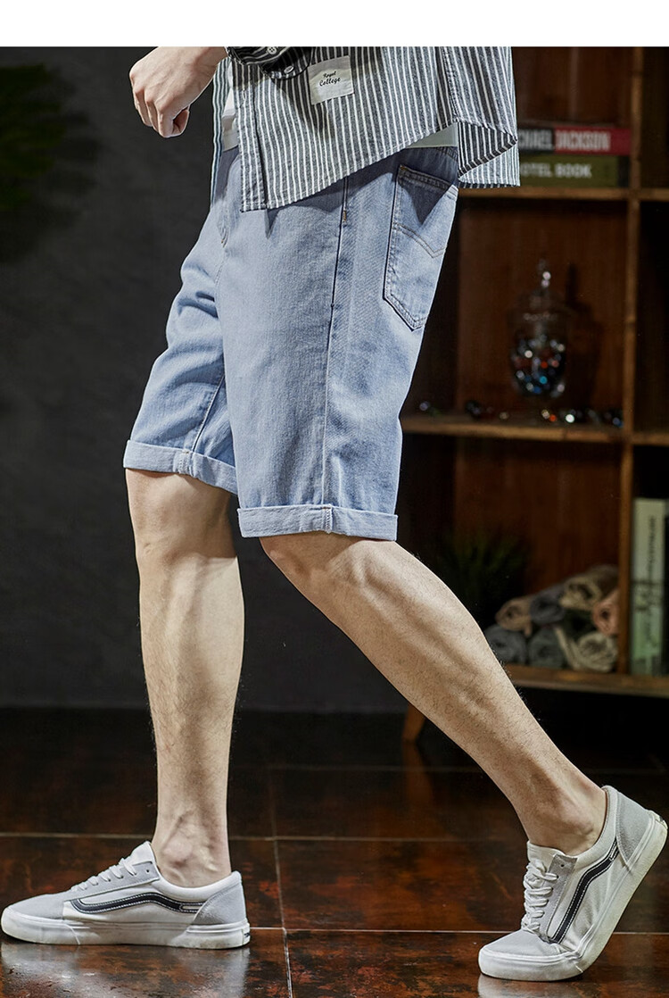 TonLion 2025 Spring Men's Versatile Cuffed Jeans Shorts, Mid-Length Shorts, Light Denim Blue, M 5