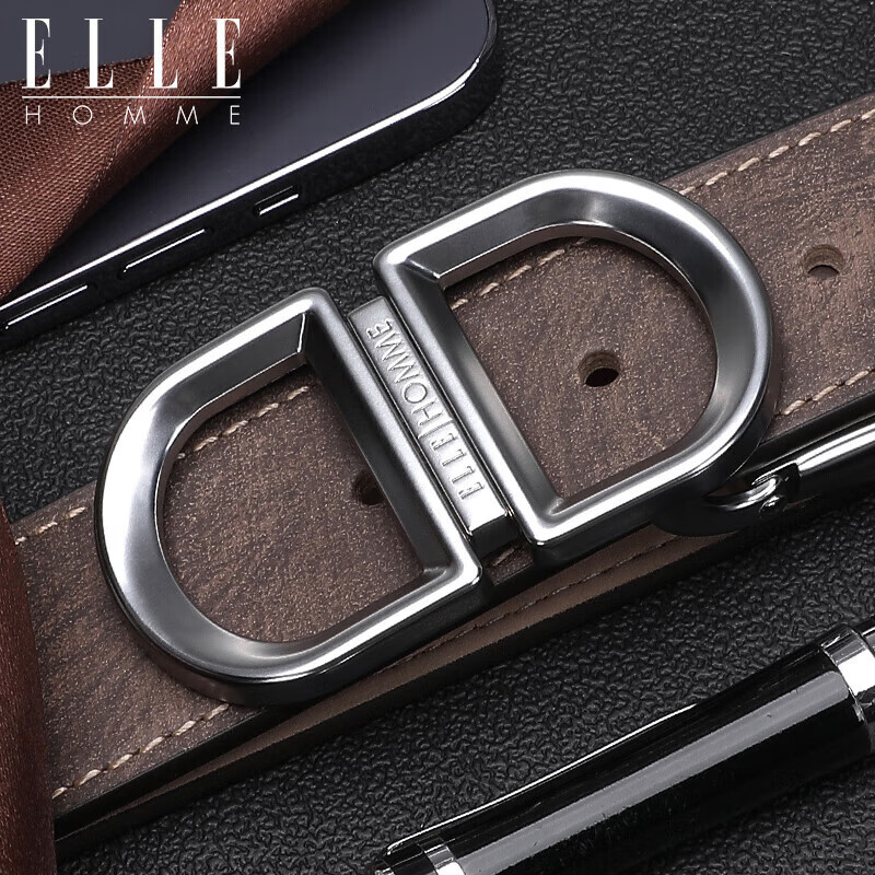 ELLE HOMME Men's Belt, Top-Grain Leather Buckle Waistband, Hollow Buckle Dress Pants Belt, Birthday Gift for Boyfriend