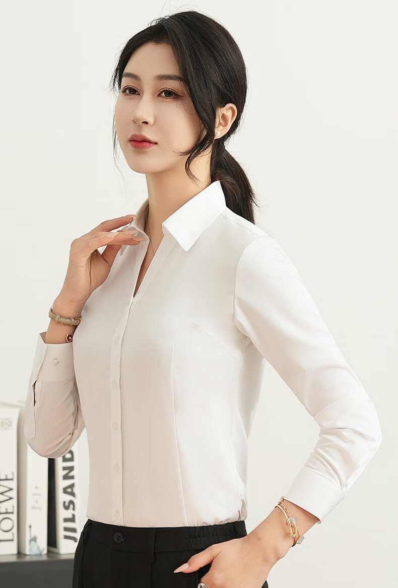 ROMON [Bamboo Fiber] Long-Sleeve Shirt for Women, V-Neck Slim Fit Business Casual Professional Work Uniform White Blouse Top Women's Clothing 4