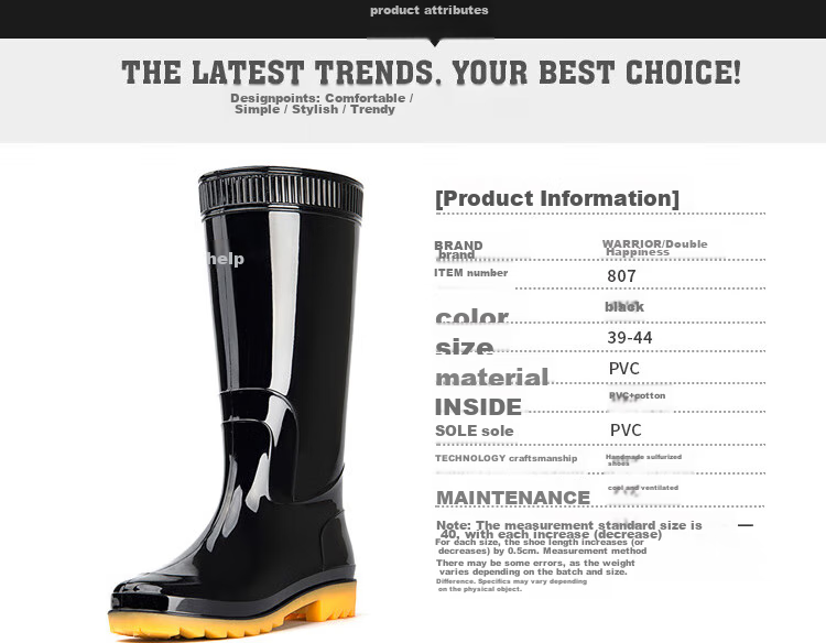 Warrior Men's Mid-High Rain Boots, Rubber Shoes, Overshoes, Waterproof Footwear, 8868 Black High-Top, Size 40 2
