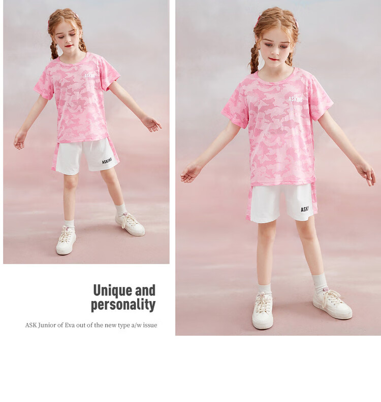 ASK JUNIOR Girls' Summer Thin Short-Sleeve T-Shirt And Shorts Set, Quick-Dry Running Children's Two-Piece Outfit, Pink, Size 140 10