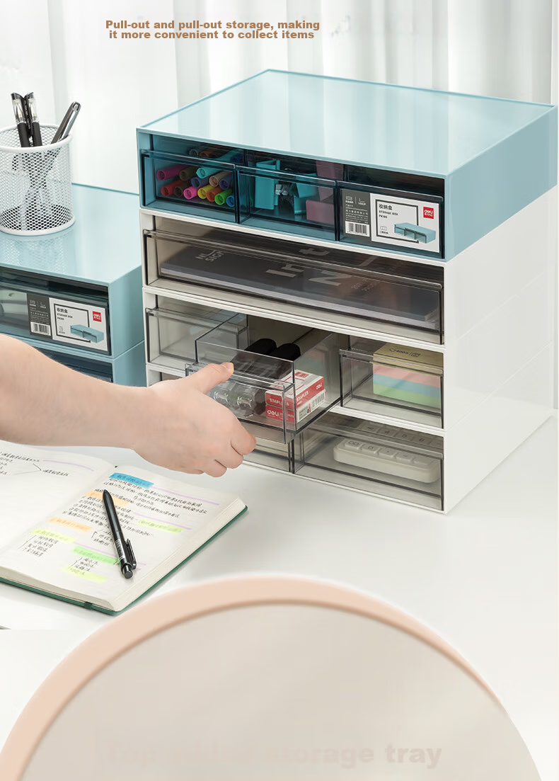 Deli Three-Compartment Desktop Storage Box with Drawer, Office Desk Organizer for Stationery And Document Sorting, Multi-Layer Storage Container, Dustproof Box, White PK106 4