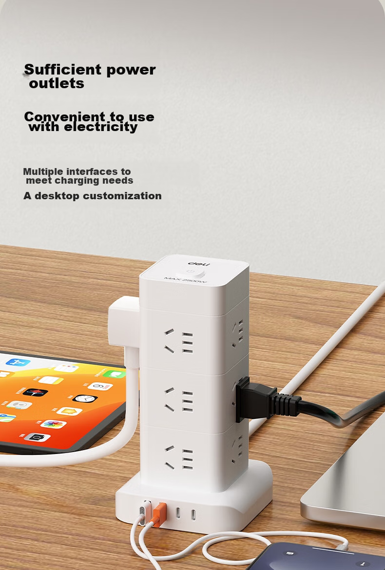 Deli Vertical Power Strip, Power Bar/Extension Cord/Power Board/Line Cord, Master Switch 12 Outlets + 2 USB + 2 TYPE-C, Total Length 1.8 Meters, Overload Protection, LU5054 3