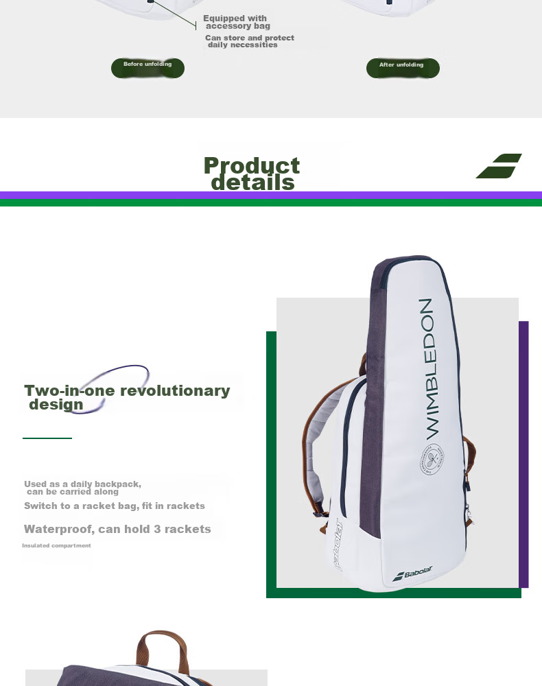 Babolat Tennis Bag, Wimbledon Co-Branded PURE Tennis Backpack, Sports Bag 5