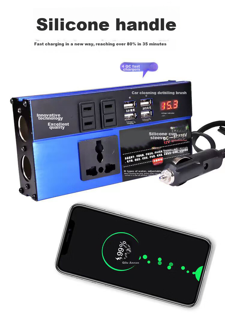 Beiteng Car Power Inverter Converter, Blue High-Power, Converts to 220V, Includes 4 USB Ports, 3 Socket Outlets, And 2 Cigarette Lighters 6
