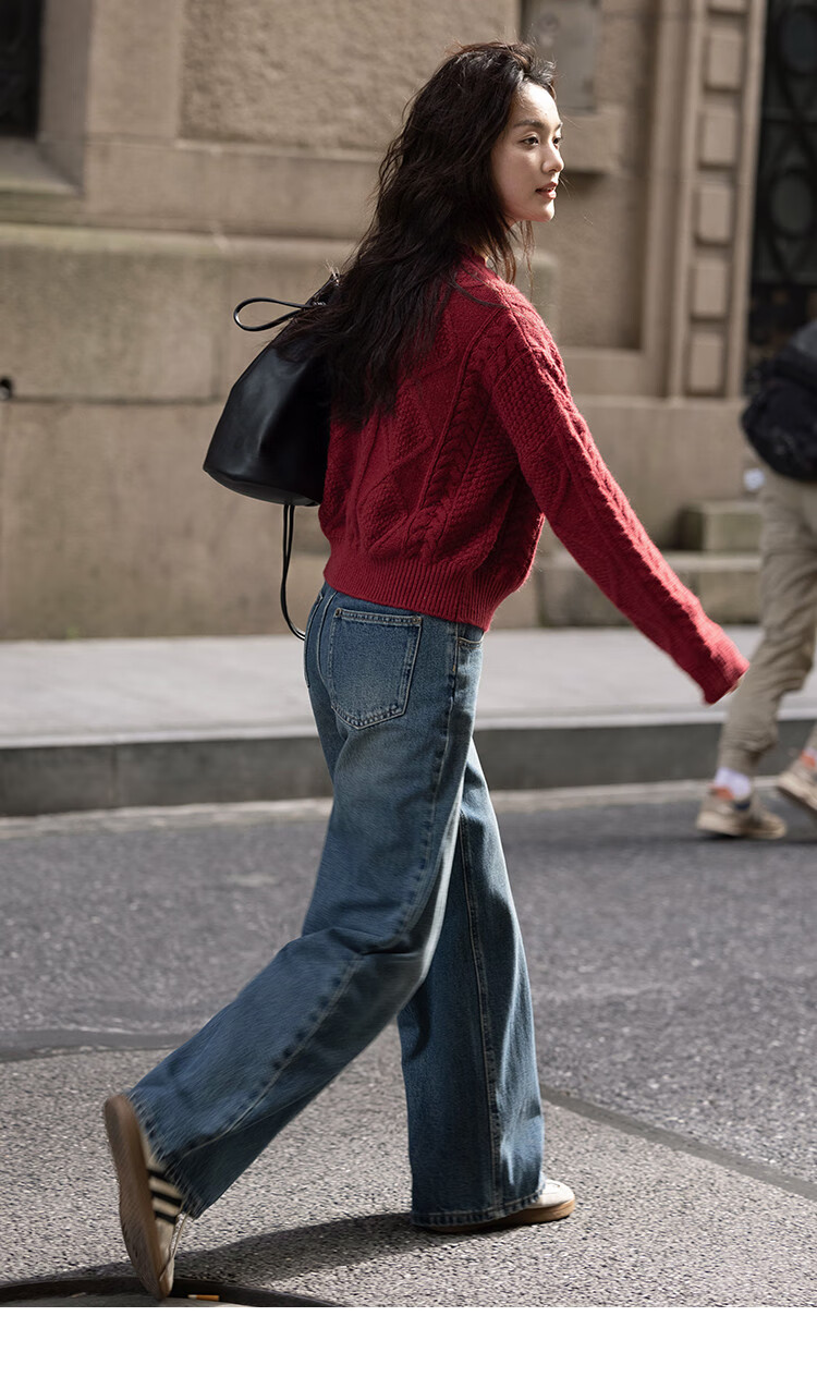 Dme [Romantic Red Knit Sweater], Spring And Autumn Round Neck Pullover Cable Knit Long-Sleeve Warm Sweater for Wome 11
