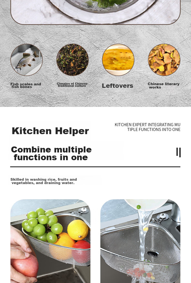 BJ Triangle Sink Strainer, Stainless Steel Kitchen Utensil, Multifunctional Drain, Food Waste Collector, Storage Rack 3