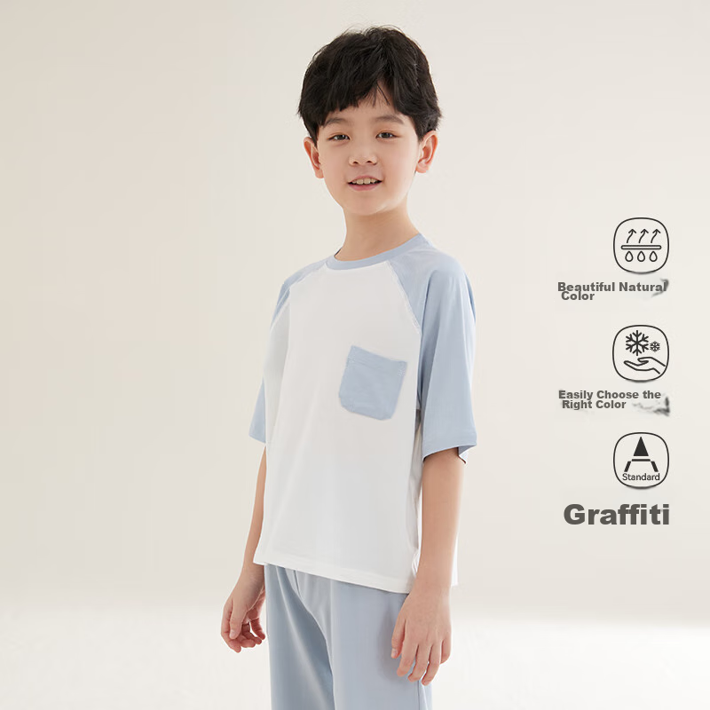 Hodo Children's Pajamas, Cotton Summer Thin Style, Boys And Girls Home Wear, Short-Sleeve T-Shirt, Cool-Feeling Sweat-Wicking Set, 3255 Misty Blue, Size 120