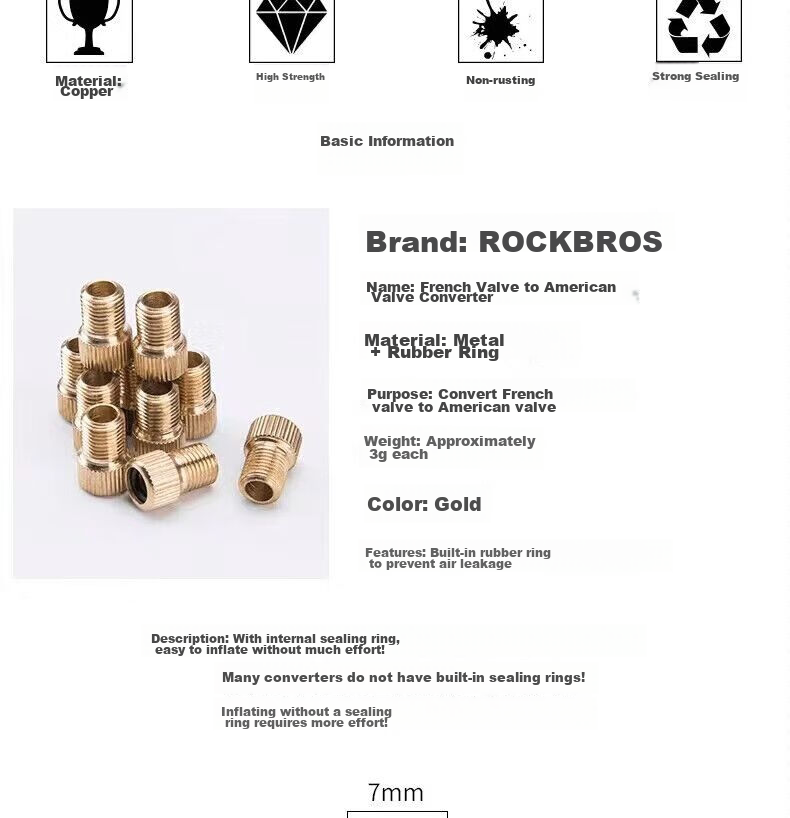ROCKBROS Bicycle Inner Tube, Road Presta Valve to Schrader Valve Converter Head, Bike Equipment 2