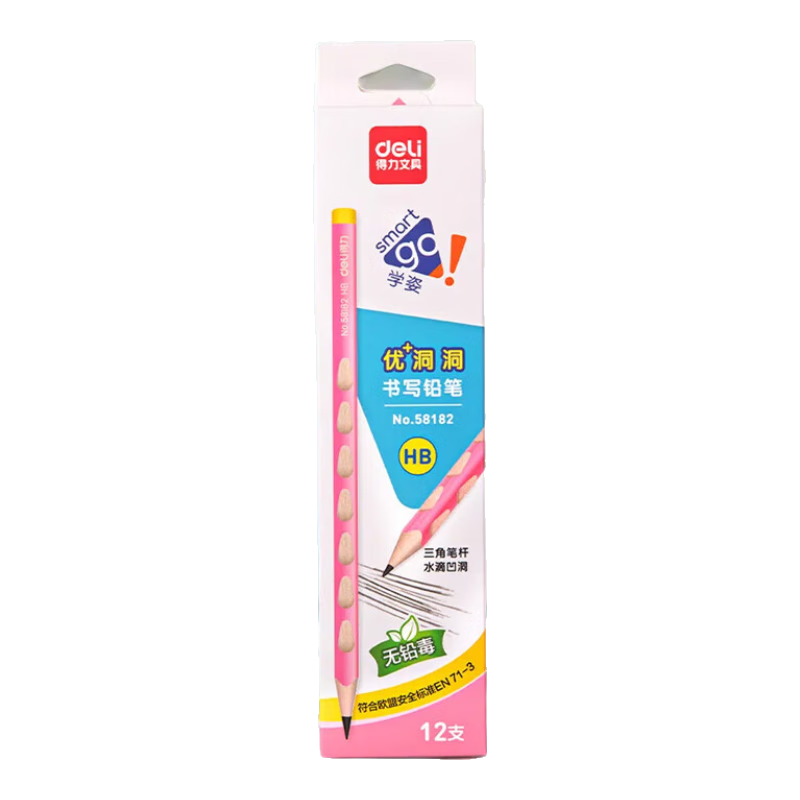 Deli HB You Dong Dong Writing Pencil (Pink), 12 Pieces Per Box, for Writing, Drawing, Doodling, Children's Posture Correction, Student Handwriting Practice, 58182, Back-To Stationery