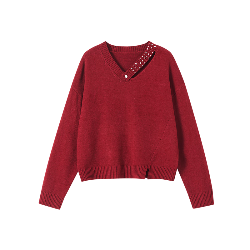 Dme [Shuangdan Capsule Wardrobe] Soft And Tender Fleece French Elegant Beaded V-Neck Sweater for Women, Autumn And Winter