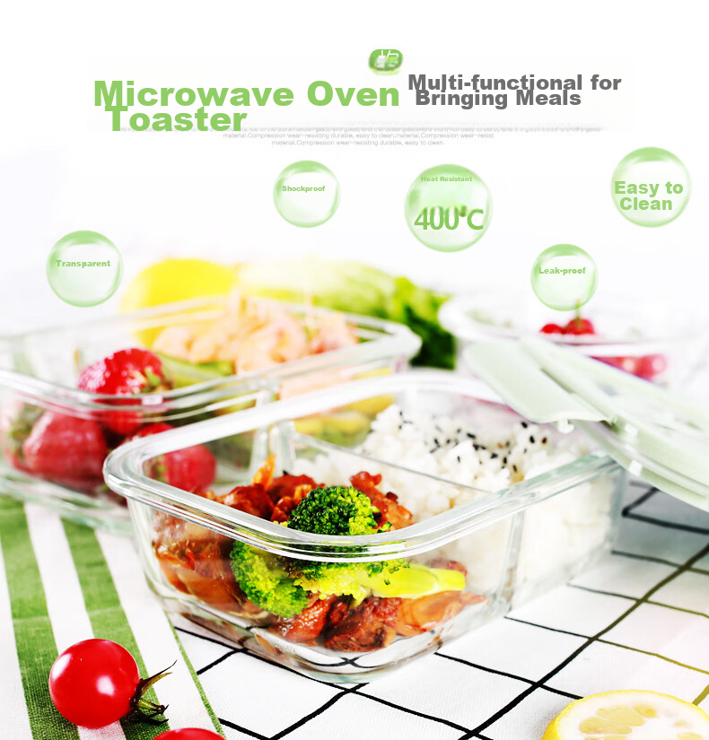 Chuangde Heat-Resistant Glass Food Storage Container, Microwave-Safe Lunch Box for Office Workers, Three-Compartment 1020+700ml with Bag 16