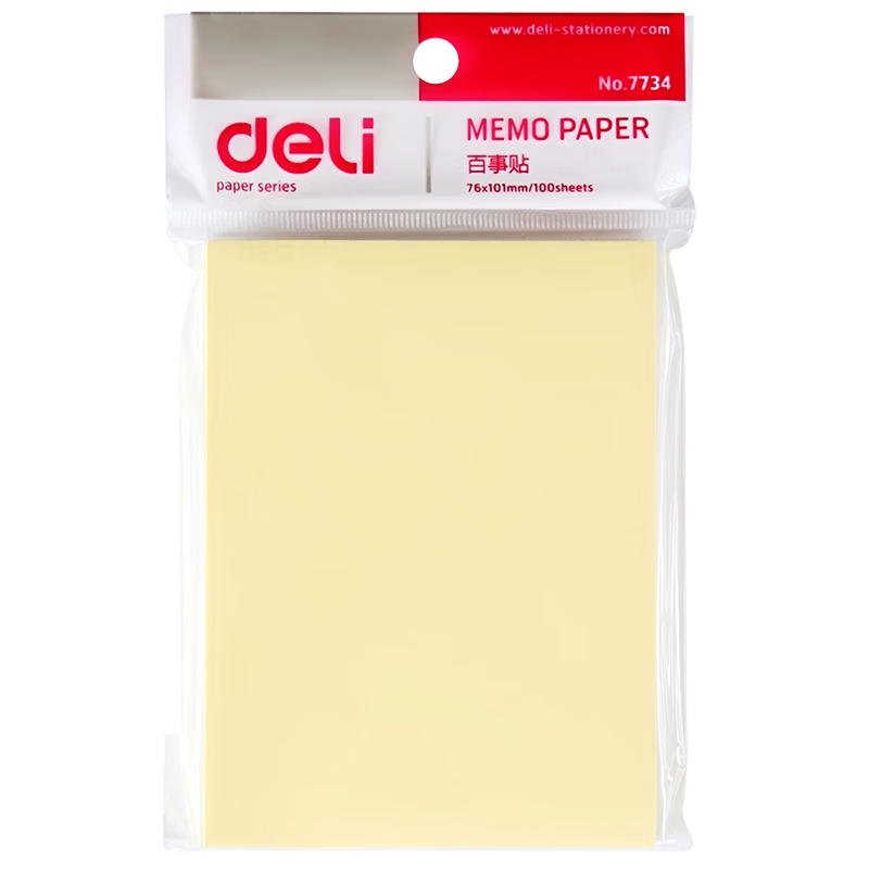Deli Light Yellow Sticky Notes, Office Supplies, 100 Sheets, 80g Yiyou Paper (76*101mm), 7734