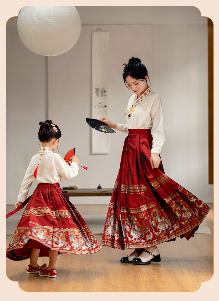 Menghu Nihang Mid-Autumn Festival Hanfu Girls' Spring And Autumn Chinese Style Children's Ming Dynasty Horse-Face Skirt Parent-Child Set, Red Skirt, Size 120 31