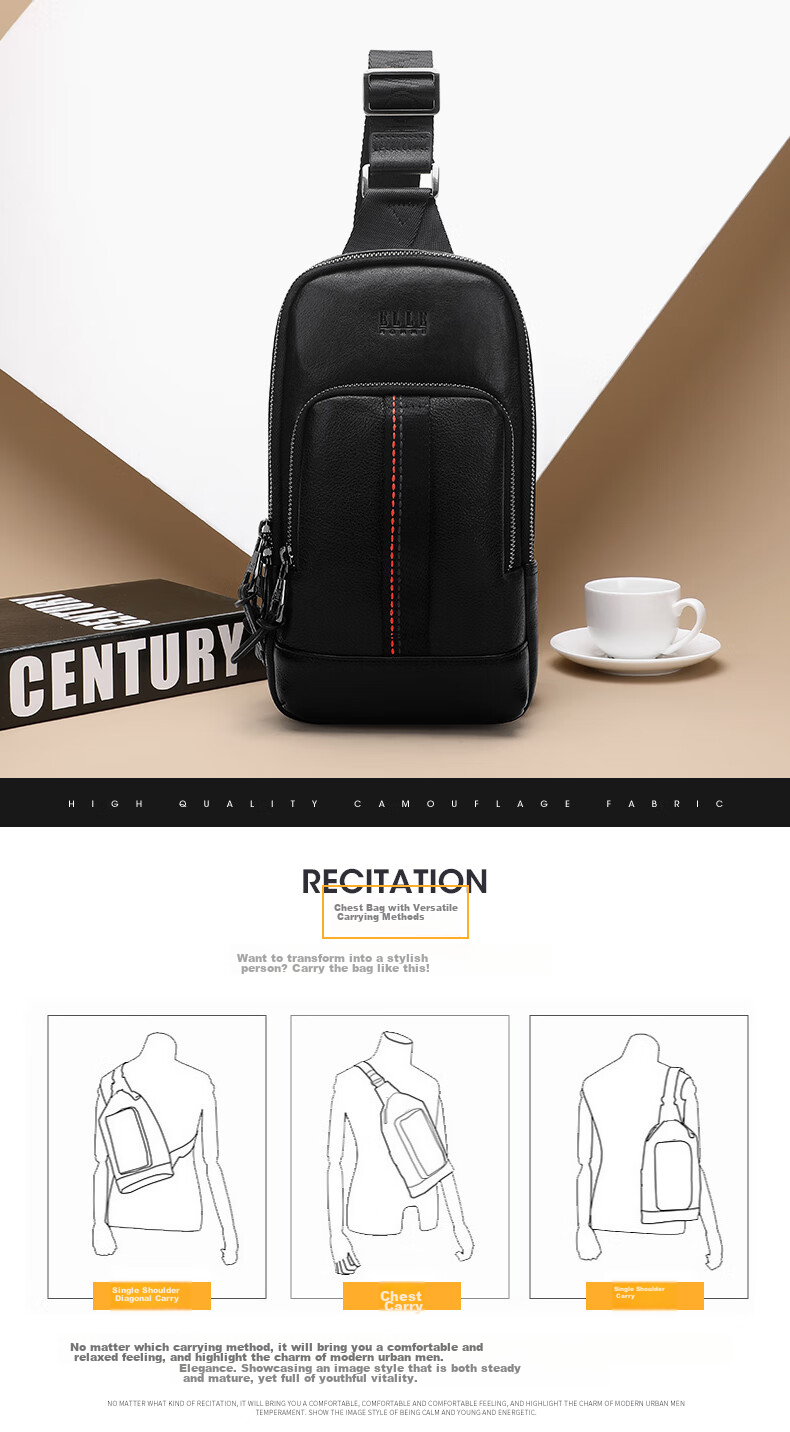 ELLE HOMME Fashion Men's Chest Bag, Casual Top-Grain Leather Shoulder Crossbody Bag, Trendy Men's Bag 04280 Black 2