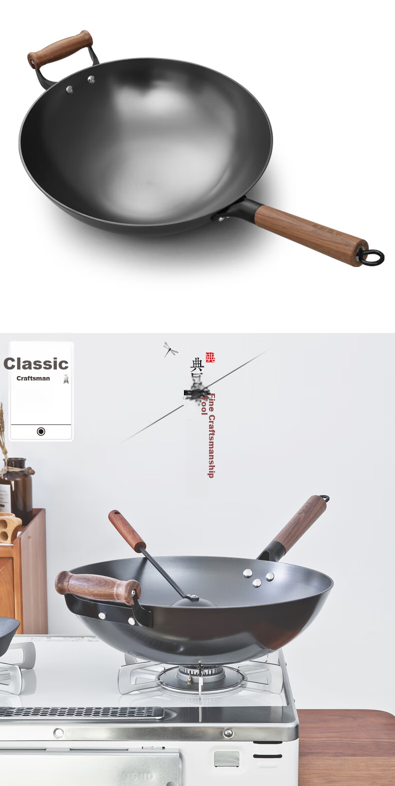 Dianjiang Uncoated Cast Iron Wok for Home Use, Enlarged Deep Round Bottom Iron Frying Pan, Non-Stick Gas Stove Pan, 34cm Single Handle Stir-Fry Pa 6