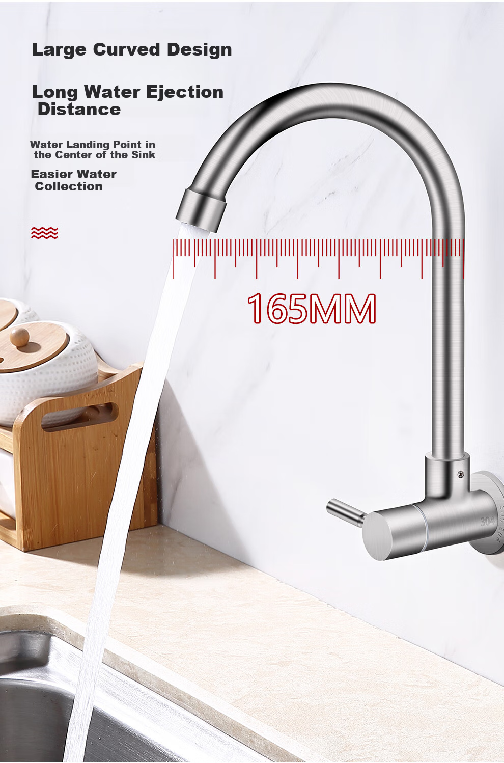 CVBAB 304 Stainless Steel Kitchen Faucet, Laundry Sink Tap, Quick-Open Single Cold Wall-Mounted Faucet CV1775 6