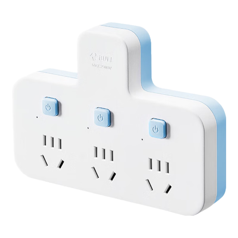 BULL Socket Extender, Multi-Outlet Adapter, Converter Plug, Power Strip, Suitable for Bedroom And Kitchen, 3 Outlets with Individual Control, Blue And White