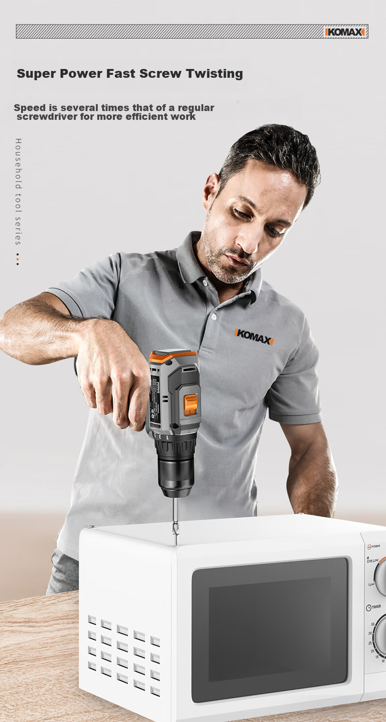 KOMAX Electric Drill, Cordless Screwdriver, Lithium Battery Drill, Household Rechargeable Screwdriver Machine, Electric Tool Box Set 14