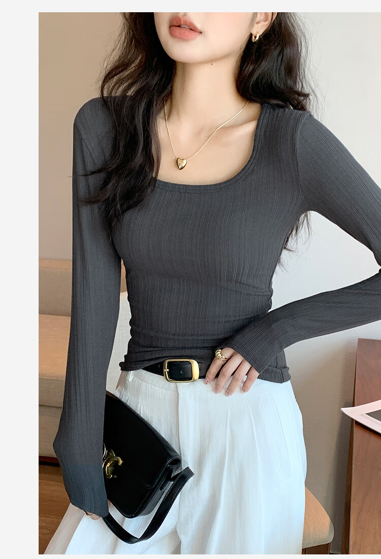 Moonbadi Women's Summer Thin Underwear, Retro Large U-Neck Slim-Fit Base Layer, Suitable for Inner Wear Or Outer Wear, Long Sleeve 12