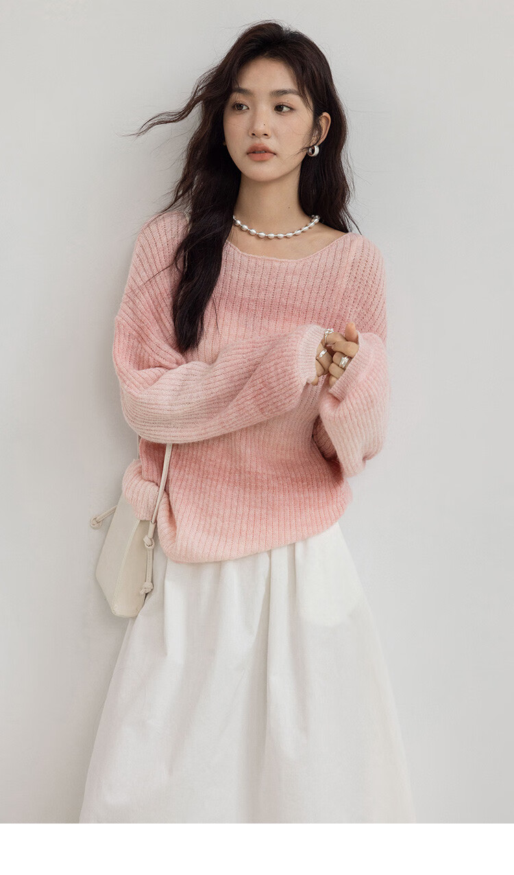 Demana Peach Blush Gradient Design Long Sleeve Knit Sweater Women Winter Crew Neck Pullover 6