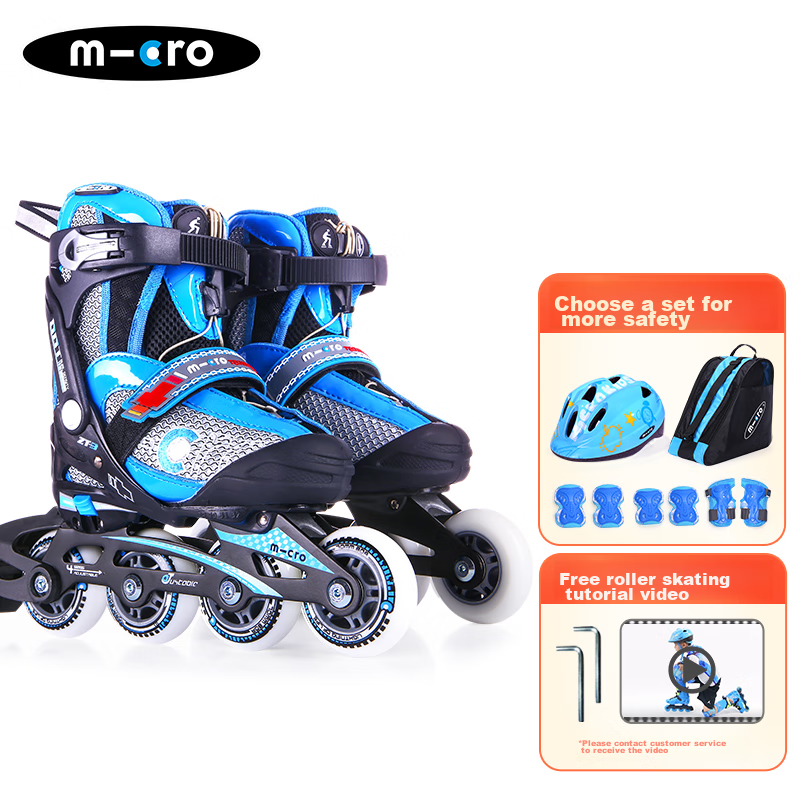 Micro Migu Co-Branded COSMOID Roller Skates for Children, Boys And Girls, Straight-Line Inline Skating, Hard Shell, Beginner Level, JOY Blue Package, Size L