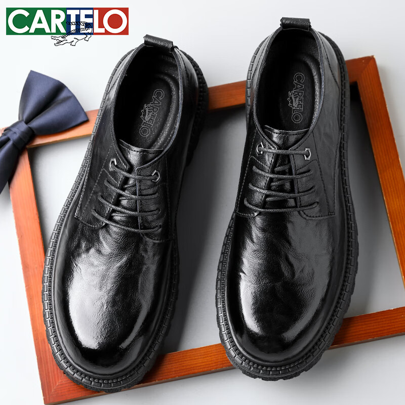 CARTELO CARTELO Hand-Grabbed Cowhide Men's Shoes, Thick-Soled Heightening Shoes, Business Casual Leather Shoes for Men, 9790 Black, Size 44