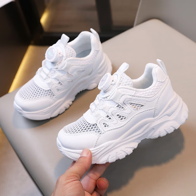 Warrior Children's Shoes, Mesh Upper White Sneakers, Sandals, Button Sports Shoes, Casual Shoes, Skateboard Shoes, WZ(CL)-0454, White, Size 28