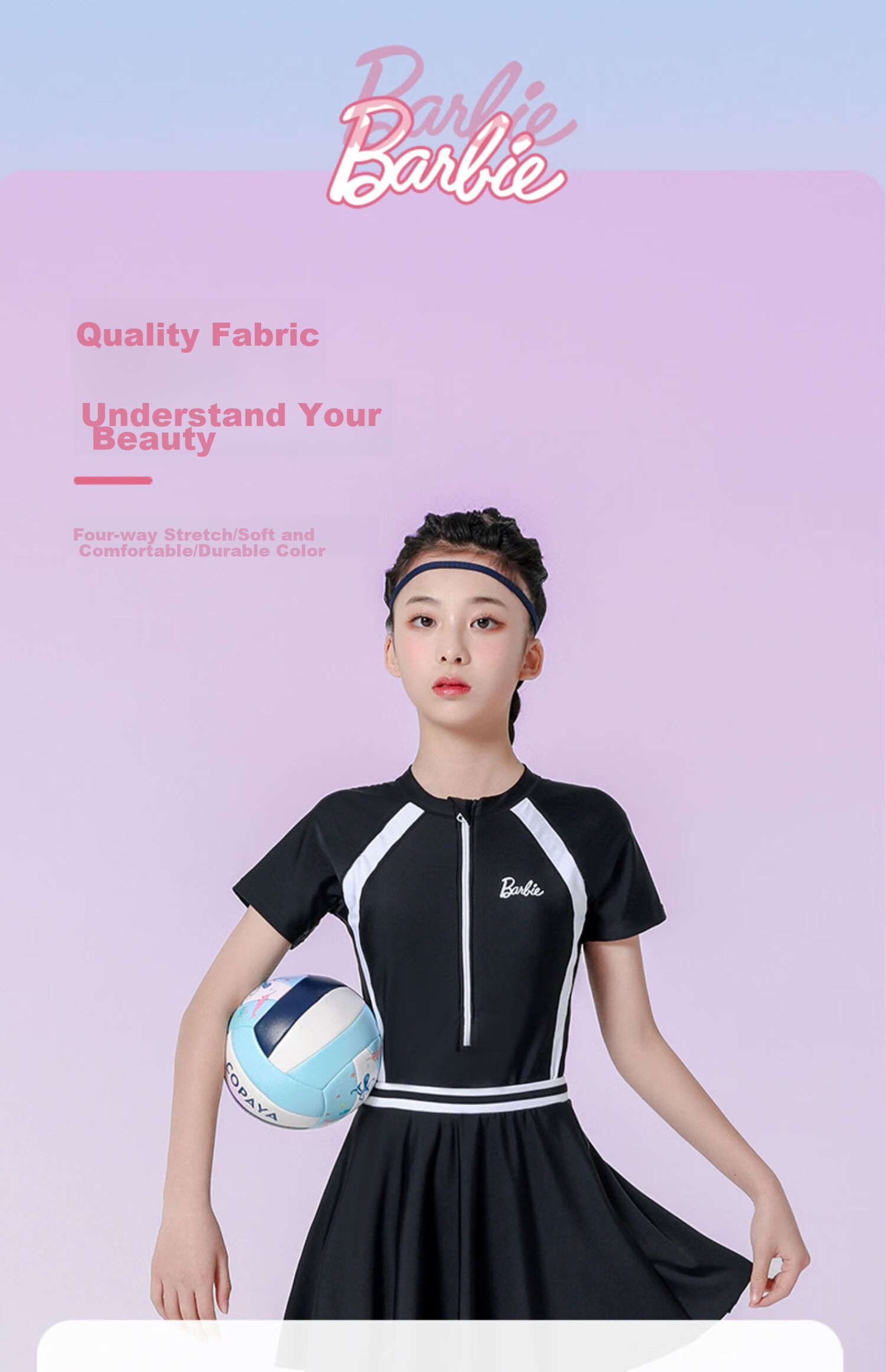 Barbie Children's Sun Protection Swimsuit One-Piece Dress for Older Girls, Conservative Swimwear for Elementary, Middle And High School Training for Young Wome 8