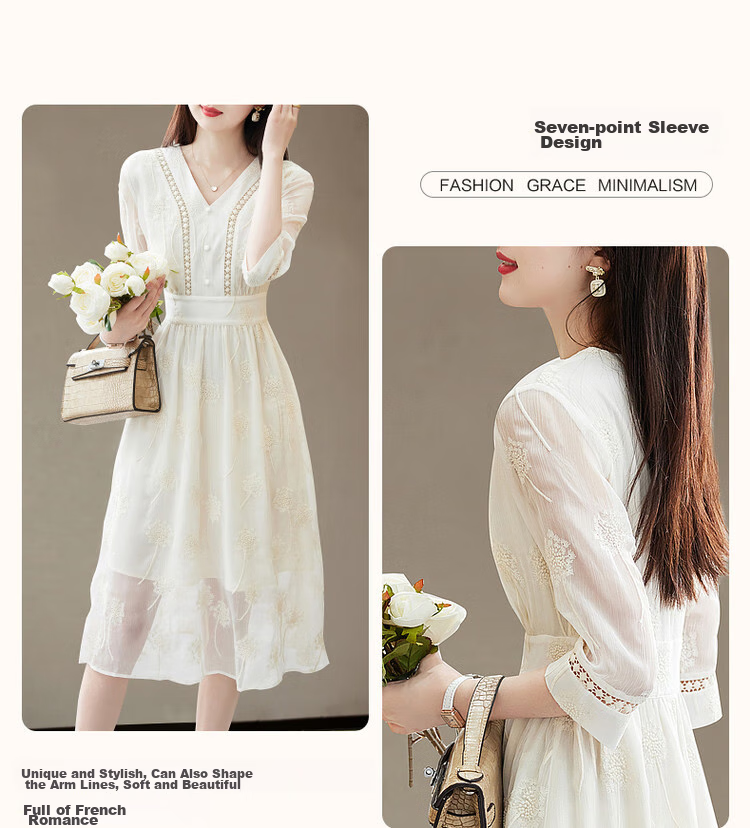 Dme [Xian Gan Embroidered Dress] Spring And Autumn V-Neck Hollow-Out Woven Strap Three-Quarter Sleeve Midi Dress for Women, Off-White, M 5
