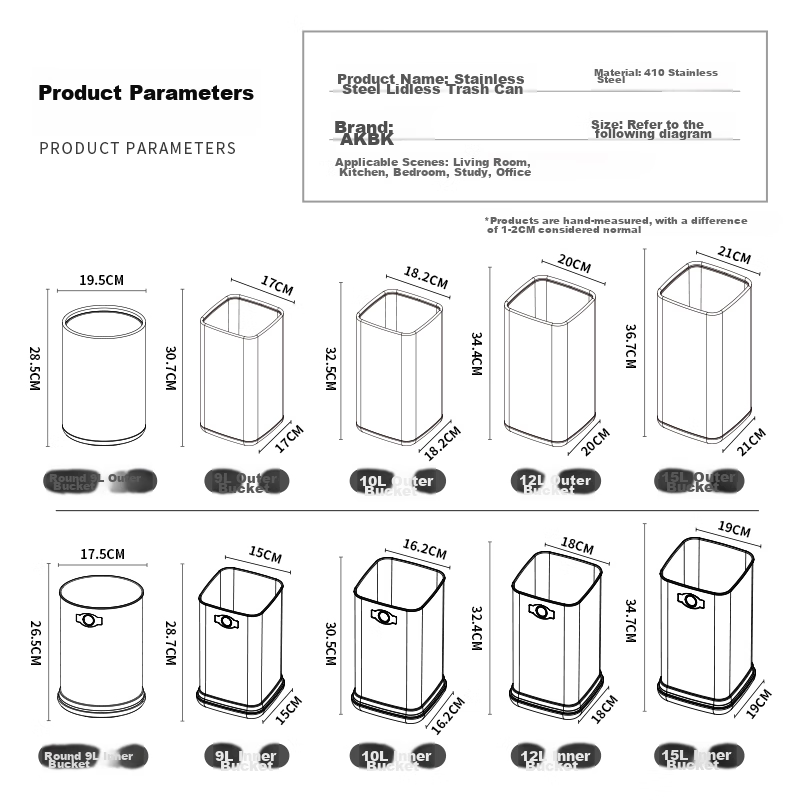 AKBK Stainless Steel Trash Can 15L Silver Large Square Bin for Living Room, Kitchen, Bathroom, Luxury Hotel, Office 14