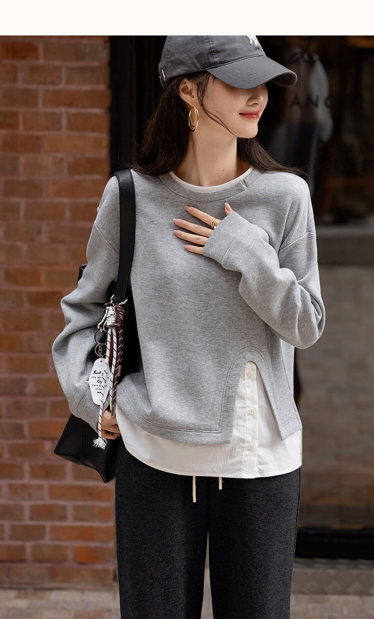 Dme [Smart Relaxation] Spring Low Saturation Pique Air Layer Colorblock Shirt-Style Sweatshirt for Women 10