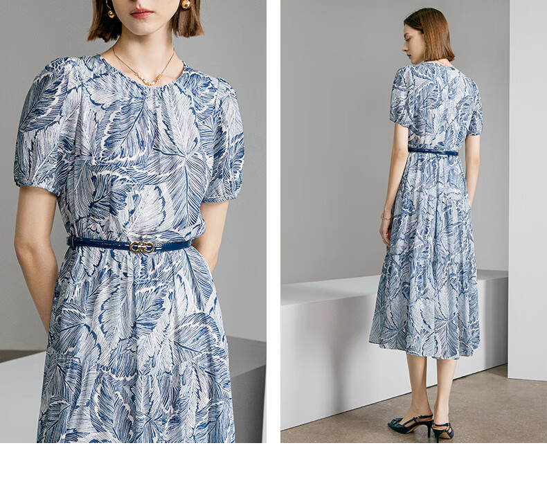 Yanyu Printed Short Sleeve Dress Women's 2026 Summer Retro Commuter Mid-Length Round Neck Dress Blue Floral S 13