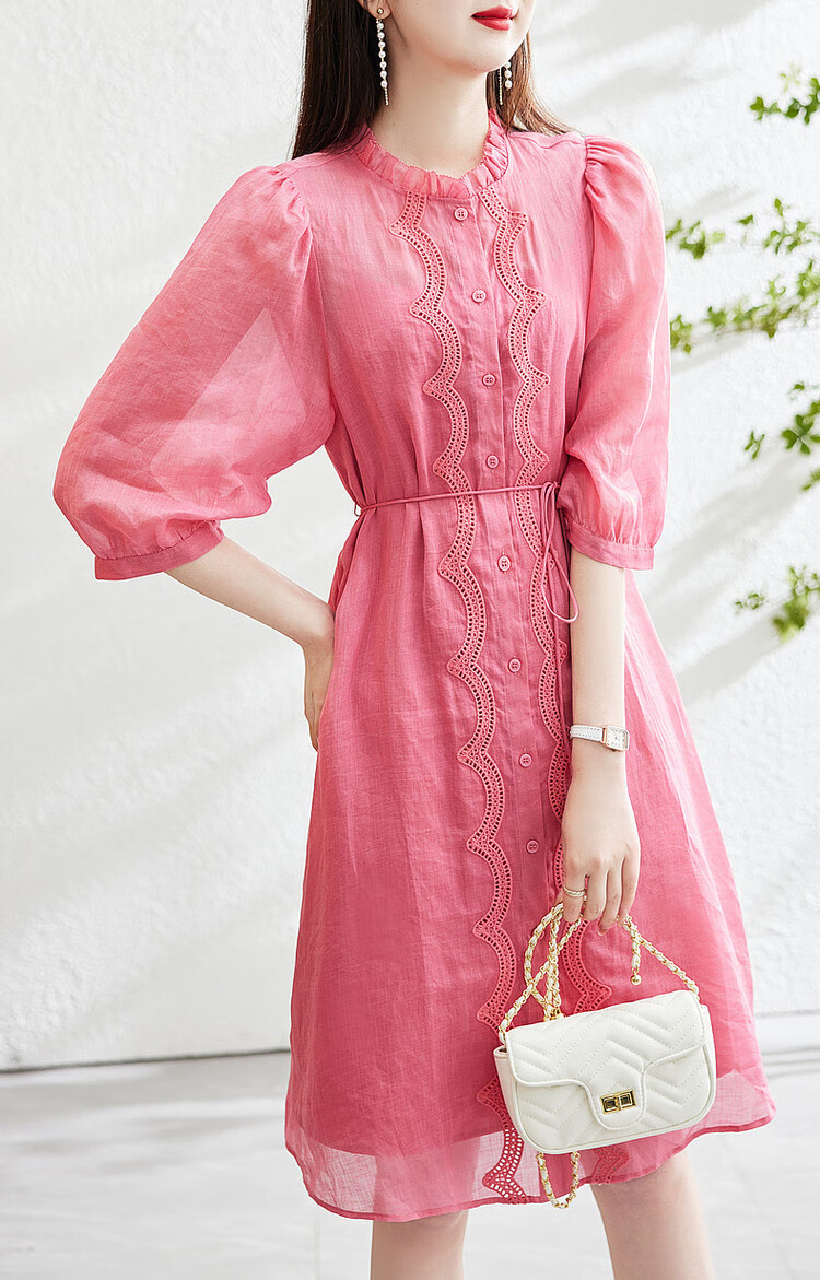 Dme [Breathable 100% Ramie] Spring And Autumn Natural Comfortable Round Neck Tie-Up Embroidered Three-Quarter Sleeve Dress 7