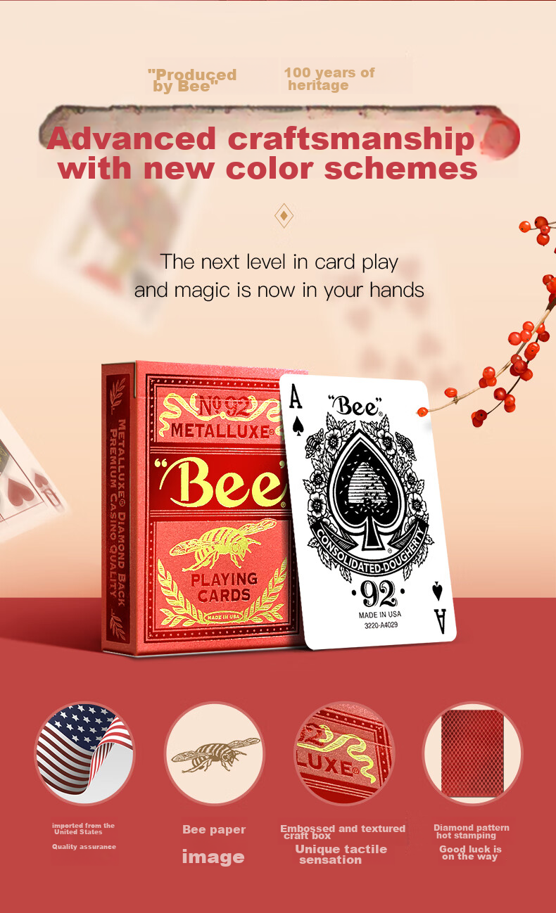 Bee Playing Cards, American Imported Poker Cards, Festive High-End Playing Cards for New Year, Red Fortune Gold Foil 1 Deck 2