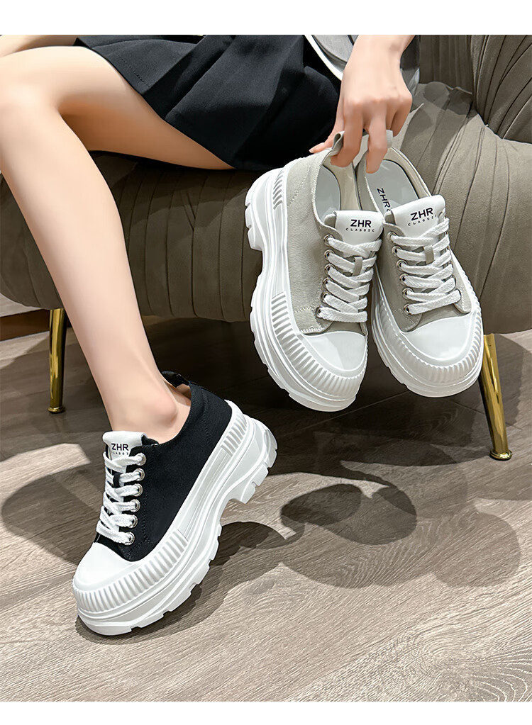 ZHR Canvas Shoes for Women, Lace-Up Thick-Soled Heightening Women's Shoes, Simple Versatile Casual Shoes, QT05 Black, Size 37 9