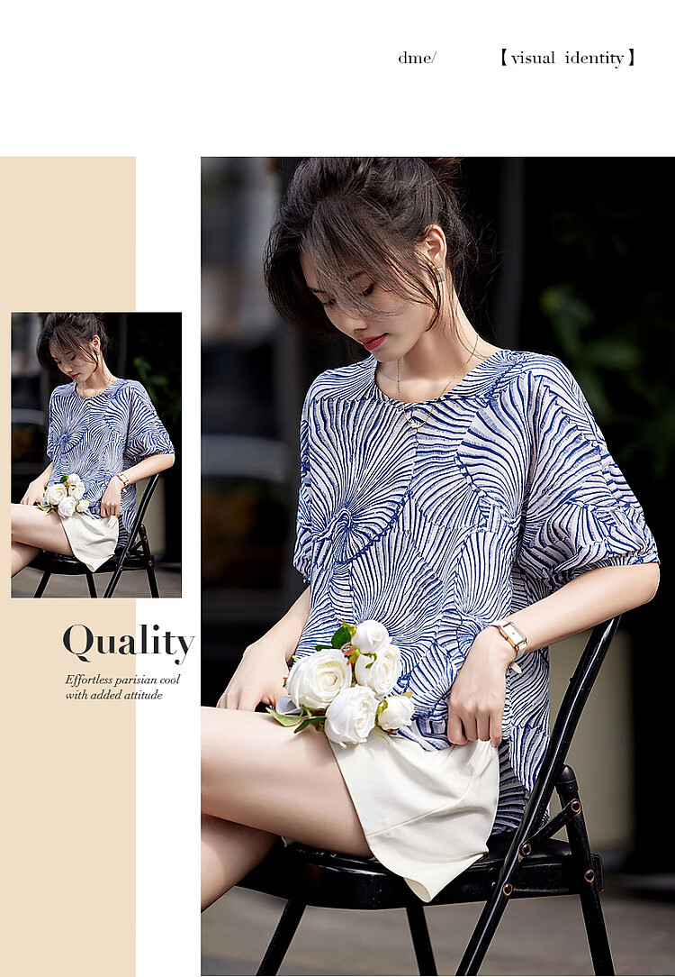 Dme [Line Aesthetics] Summer French Retro Striped Shirt Silky Soft Comfortable Chiffon Slimming Blouse for Women 10