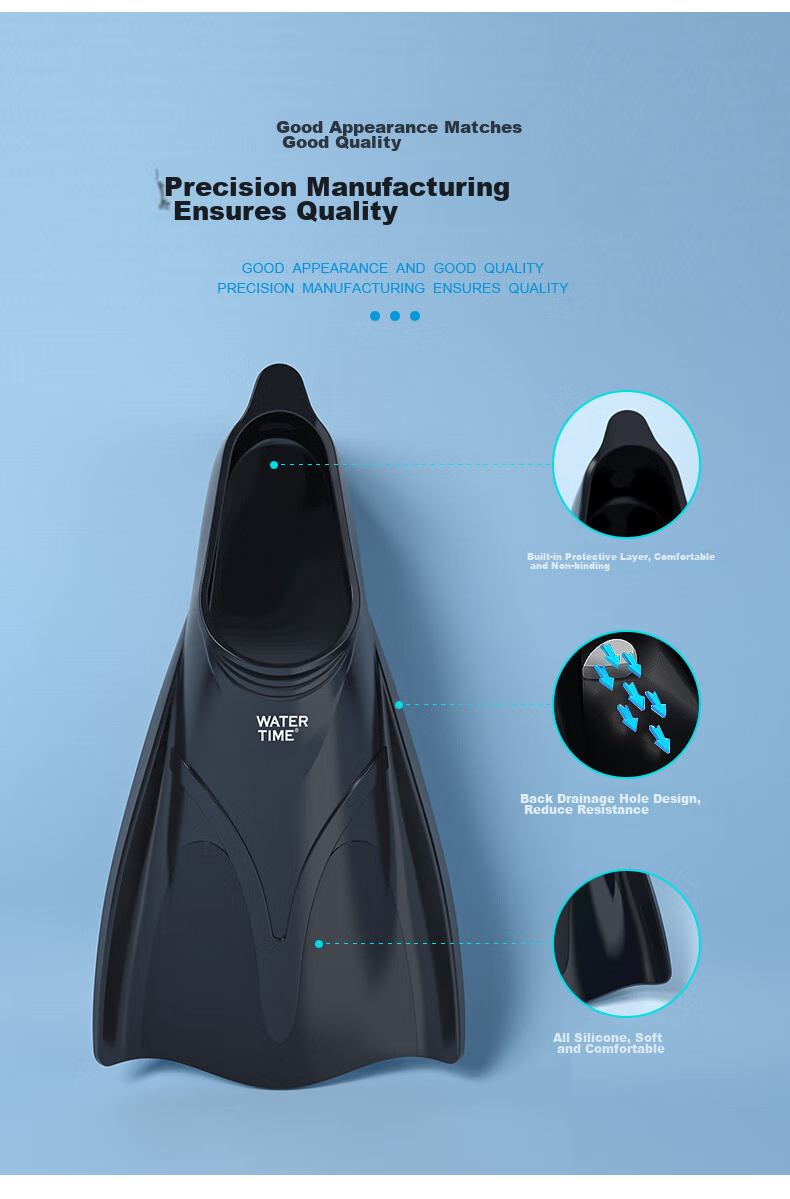 WATERTIME / Shuichuan Swimming Flippers Training Short Flippers Snorkeling Freestyle Adult Children Professional Swimming Equipment Black XS 5