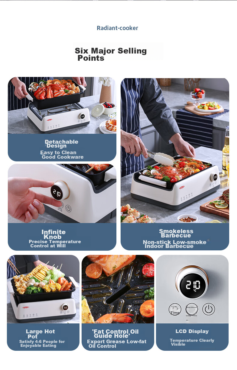DU PONT Electric Grill Pan, Multifunctional Smokeless Ceramic Non-Stick Pot, Detachable Electric Hot Pot And Cooking Pot, for Home Use by 3-4 People, Grill And Hot Pot Combo (Grill Pan + Hot Pot) 8