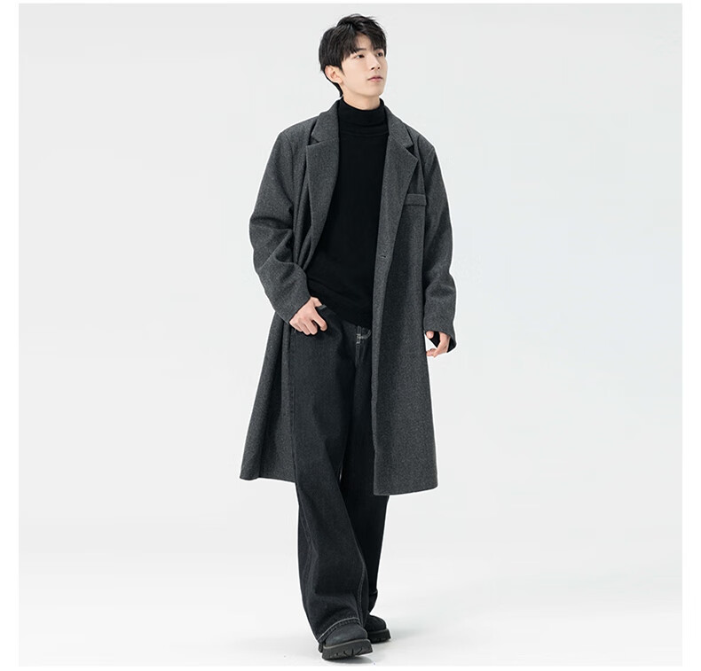 Dingfengbaoluo Men's Woolen Coat Autumn Winter Mid-Length Korean Style High-Quality Loose Over-the-Knee Wool Trench Coat HT88 Black 5XL 5