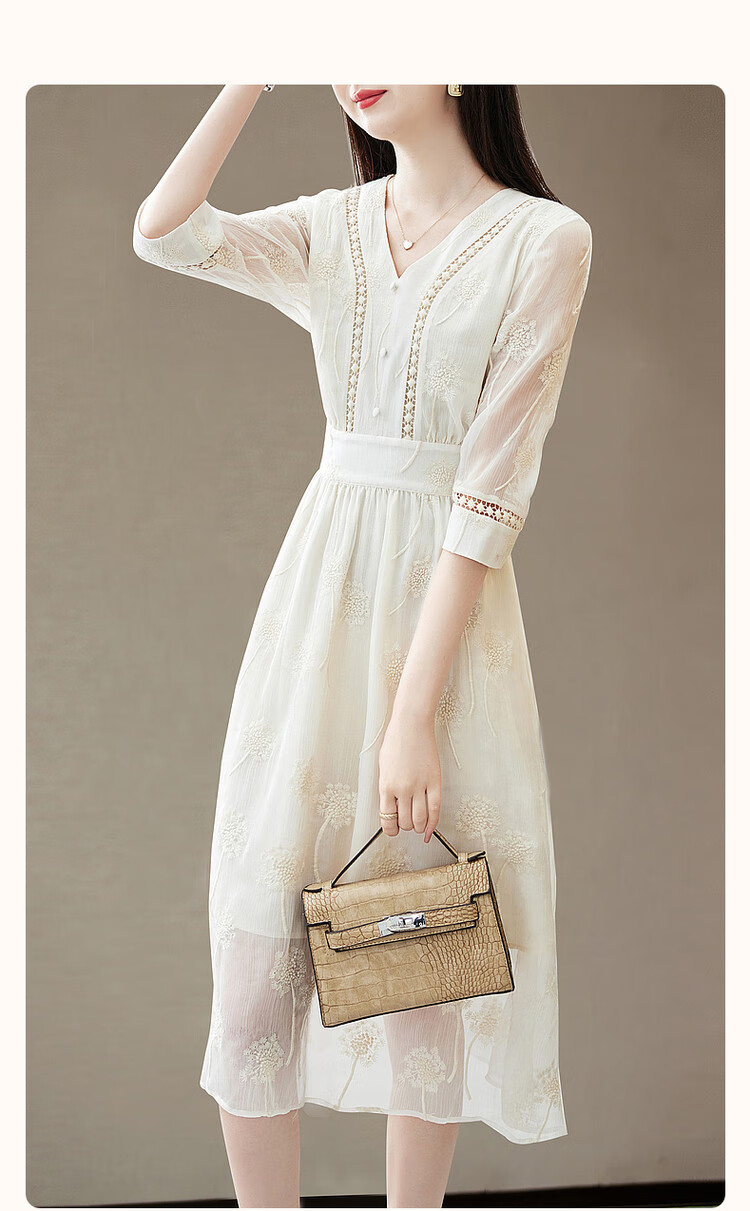 Dme [Xian Gan Embroidered Dress] Spring And Autumn V-Neck Hollow-Out Woven Strap Three-Quarter Sleeve Midi Dress for Women, Off-White, M 2