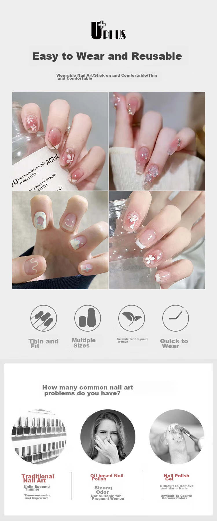 UPLUS Wearable Nail Stickers, 24 Pieces (Pink Transparent Camellia), Jelly Gel Fake Nails, Women's Gift 1