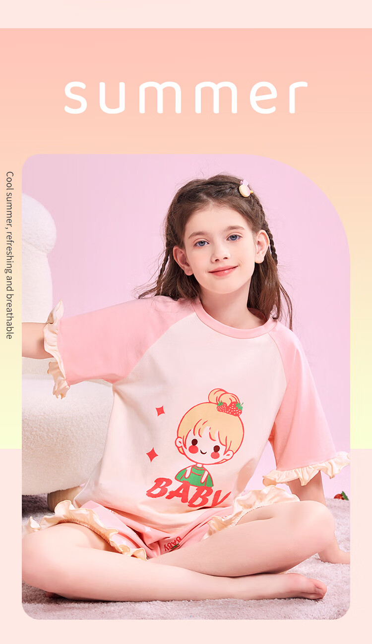 LangSha Children's Pajamas, Girls' Summer Thin Pure Cotton Sleepwear for Older Children And Teenage Girls, Short-Sleeve Home Wear Set, Pink, Size 130 10