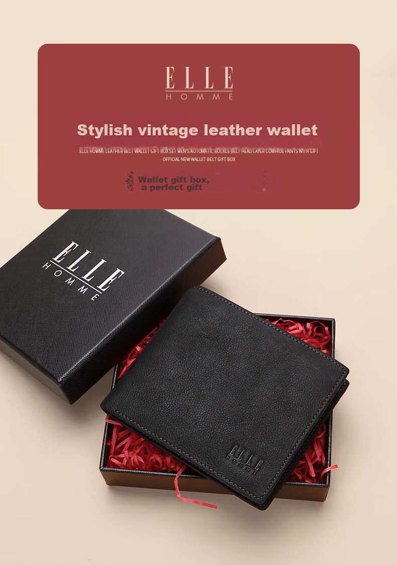 ELLE HOMME Men's Short Wallet, Top-Grain Leather Multifunctional Card Holder Horizontal Style Money Clip 1520, Birthday Gift for Boyfriend 1