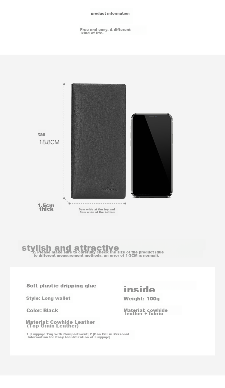 MEXICAN Men's Wallet, Long Business Style, Top-Grain Leather, Smooth Bifold, Multi-Card Slots, Birthday Gift for Me 8