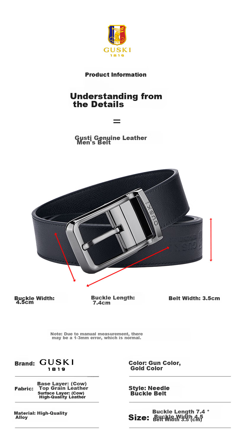GUSKI Brand Men's Genuine Leather Belt, Gift Box with Rotating Pin Buckle, Birthday Present for Boyfriend Or Husband 10