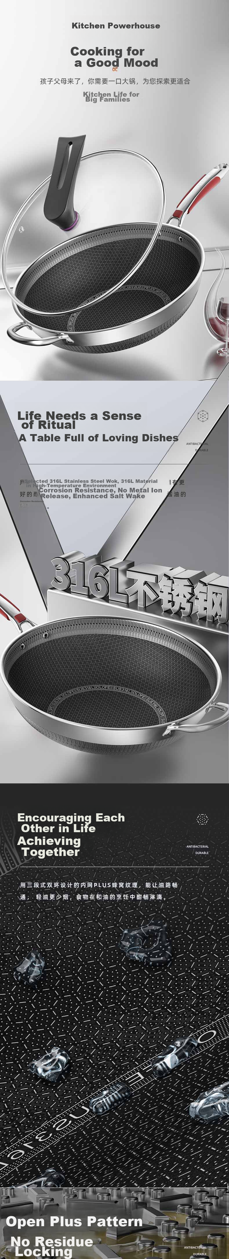 OLOFE 316L Stainless Steel Wok, Honeycomb Flat Bottom Frying And Stewing Pan, Non-Stick Stir-Fry Cooking Pan, Compatible with Gas Stoves, 36cm 1