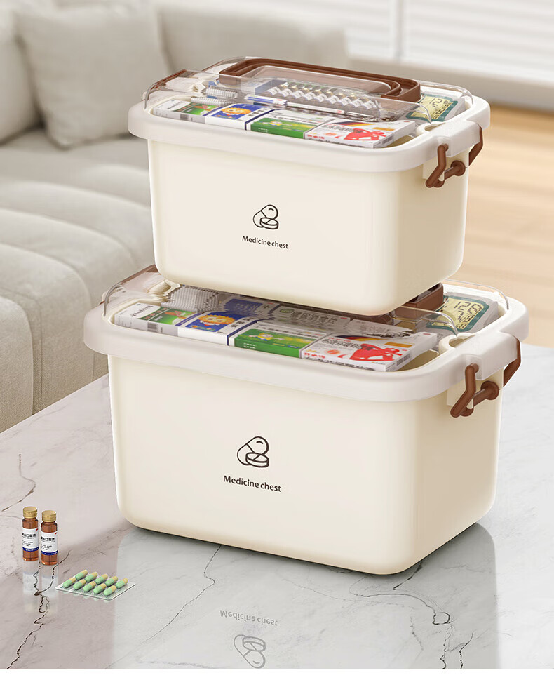 Baicaoyuan Plastic Household Medicine Box, Portable Multifunctional Drug Storage Case, Double-Layer Medium Size, 1 Piece 3